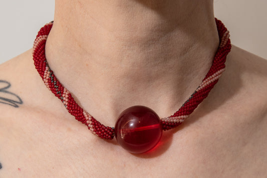 Glass Seed Beaded Necklace with Glass Red Ball by Daniela Mamon