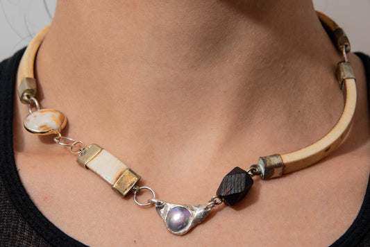 Vintage Yak Bone, Wood, Cortez Pearl,Sterling Silver with 14k Gold and Shell. Necklace by Gabrielle Valenti