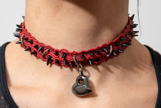 Glass Bead Choker with Hematite Heart Charm by Daniela Mamon